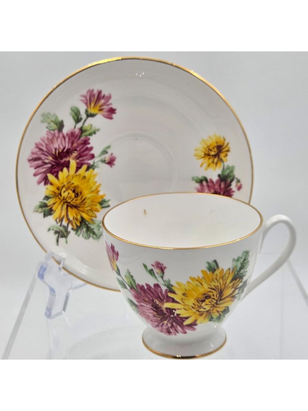 Pink and Yellow Chrysanthemum Bone China Footed Tea Cup and Saucer England